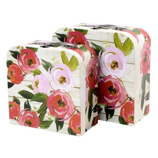 Ajándékdoboz bőrönd virág mintával papír 25x13x25 cm színes S/2