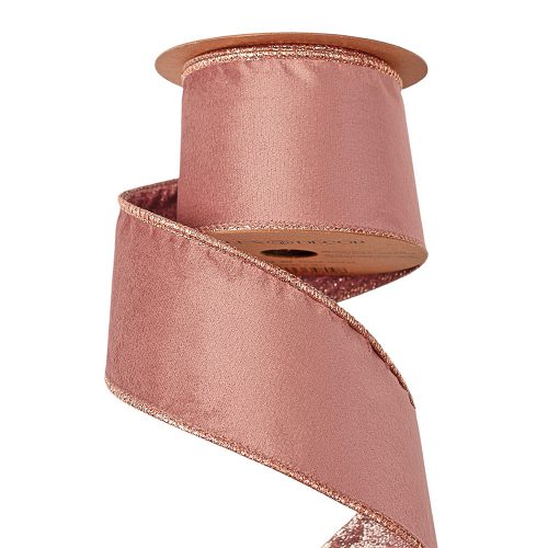 Rose gold bársony szalag csillogó hátoldallal- drótos szegéllyel 63mm x 5m