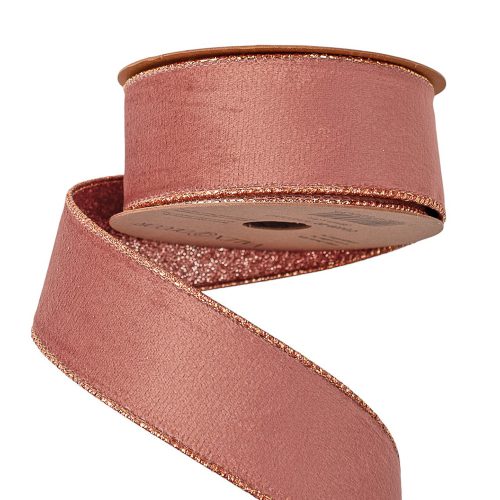 Rose gold bársony szalag csillogó hátoldallal- drótos szegéllyel 38mm x 5m